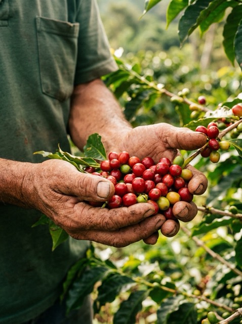 Manos de caficultor sosteniendo cerezas rojas de café